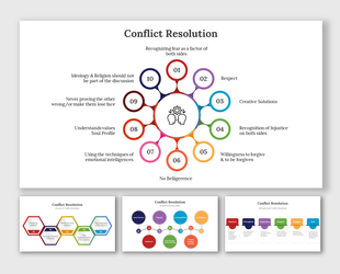 Conflict resolution slides with colorful circular and hexagonal diagrams, covering many strategies.