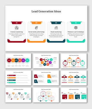 Slide deck on lead generation ideas with sections for content marketing, social media, email marketing, and webinars.