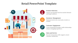 A colorful retail slide showcasing a stall with a vendor, alongside key aspects with icons and text descriptions.
