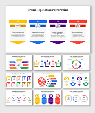 Slide deck with colorful banners, diagrams, icons, and descriptions focused on brand reputation elements.