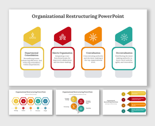 Organizational restructuring slides with distinct colored shapes, each featuring icons and descriptions.