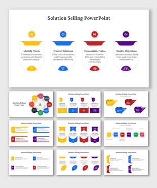Slide deck showcasing the solution selling process, with colorful flowcharts and layouts outlining key stages.