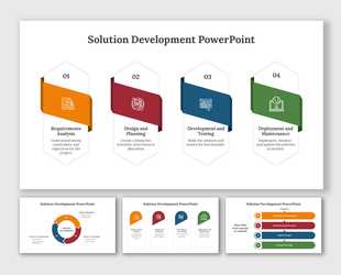 Solution development PowerPoint slides with a flow of four phases in different colorful layout designs with colored icons.