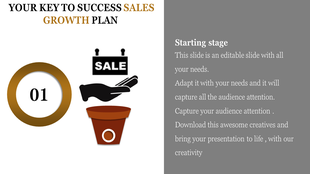 Slide showing a brown plant pot, featuring a sale sign on a hand, and a gold circular label marked 01, on a gray background.