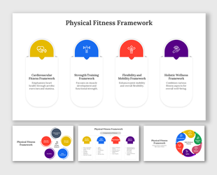  Physical fitness frameworks, highlighting four main areas with colour coded icons and three fitness layout options.
