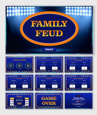 A pack of family feud game show slides featuring a large title on a bright blue background with spotlights and text.