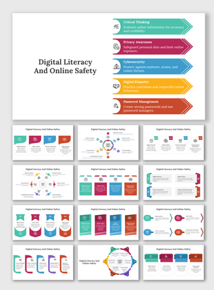 Slide deck on digital literacy and online safety, featuring colorful arrow designs and icons in various infographic layouts.