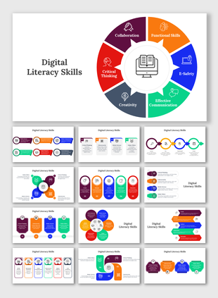 Digital literacy skills infographic PPT slides with key competencies in different colorful layout designs and icons.
