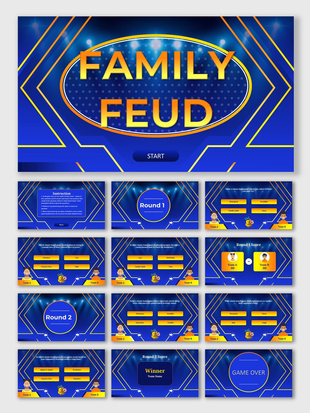 Slide deck for a family feud game, with vibrant blue backgrounds, golden accents with many rounds, icons, and text boxes.