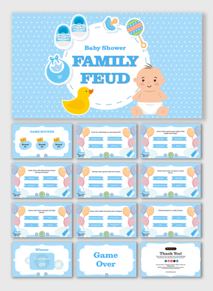 Family Feud game slides for baby shower with baby, rubber duck, and game rounds featuring baby related activities.