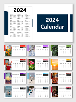 Slide deck featuring 2024 calendar overview and individual monthly layouts with vibrant visuals and text sections.