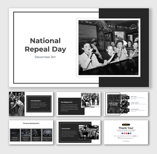 Slide deck with vintage images and a modern black and white design, featuring content on the history of Repeal day.