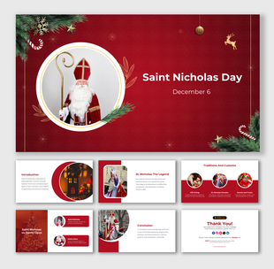 Red themed slide deck with festive greenery and gold accents, featuring circular and rectangular images of Saint Nicholas.