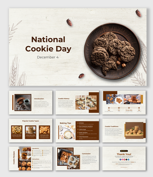 Infographic for National Cookie day with slides on history, types, ingredients, and traditions, with baking images.