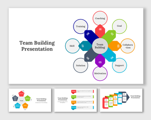 Slide deck with colorful geometric shapes and a central theme of team building, highlighting training, skill, and support.