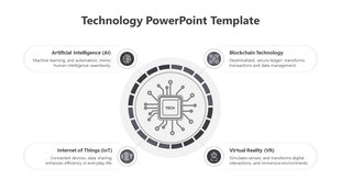 Technology themed slide with a gray circuit board in the center and descriptions of four text areas around it.