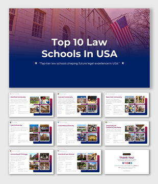 Slide deck featuring university images and descriptions of top law schools in the USA, with purple, blue, and white tones.