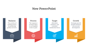 Slide with four colorful banners in gray, red, blue, and yellow, each containing icons and text, arranged horizontally.