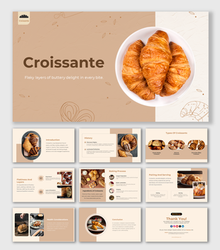 Croissant themed template covering its history, types, and baking process with slides featuring images of baked croissants.