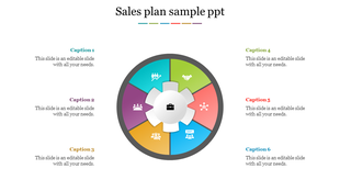 Circular sales plan infographic with six colored segments, featuring icons, and captions labeled from 1 to 6 around it.