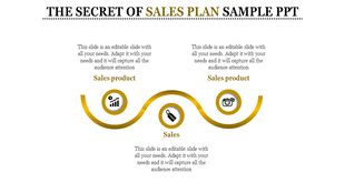 Sales diagram with three key points sales products on both sides and sales in the center with icons.