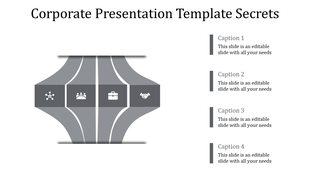 Corporate template with a funnel-like design, showcasing icons for networking, teamwork, business, and partnerships.