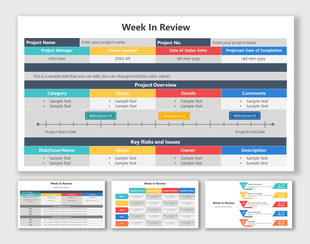 Structured week-in-review slide with sections for project name, milestones, and key risks in colored boxes.