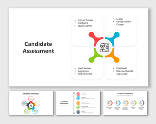 Candidate assessment slide deck with interconnected sections highlighting different qualities in a vibrant layout.