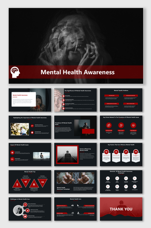 A Mental Health Awareness slides showcasing the impact, significance, and challenges on a dark backdrop.