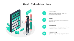Illustration of a person using a calculator, with text detailing its uses in various fields from construction to programming.