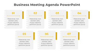 Business meeting agenda slide with seven numbered paper style blocks in two rows, each with text space and yellow accents.