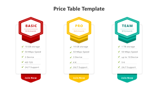 Price table template with three vertical pricing plans labeled each featuring a price, benefits list, and join button.