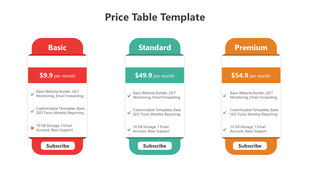 Template with three subscription plans in red, green, and orange, each featuring pricing, features, and a button.