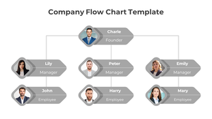 Corporate flowchart displaying a founder at the top, followed by three managers, with employees below.