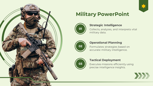Military template with a soldier and three green icons strategic intelligence, operational planning, and tactical deployment.