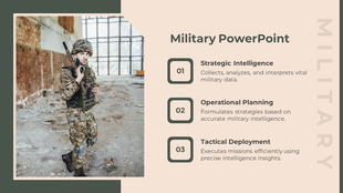 Camouflage-clad soldier pictured in a decayed building, paired with text sections on military intelligence and operations.