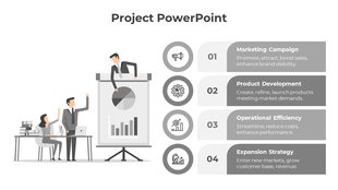 Grayscale PowerPoint slide presenting marketing, product development, efficiency, and expansion strategies with grey icons.