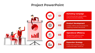 Red themed infographic with four steps, icons, and a bar chart presentation featuring people collaborating in an office.