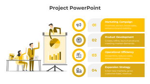 Project PPT slide showcasing four key strategies marketing, product development, efficiency, and expansion with yellow icons.