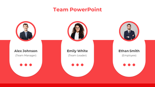 Team PPT slide displaying portraits and roles of Alex Johnson, Emily White, and Ethan Smith on a red and white backdrop.