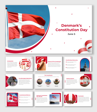 Denmark's Constitution Day PPT slides with visuals of the Danish flag, historical documents, and national celebrations.