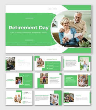 Slide deck on retirement, highlighting achievements and wellness, with a clean green layout and senior couple images.