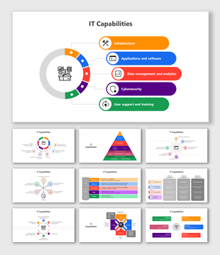 IT capabilities with circular and pyramid diagrams showing areas like infrastructure, software, cybersecurity, and analytics.
