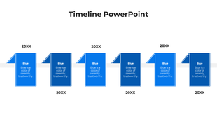 Minimalist timeline featuring six blue shapes with captions, evenly spaced along a horizontal line with year placeholders.