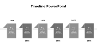 Timeline featuring six alternating gray cards with triangular folds, and a white horizontal line linking the elements.