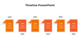 Modern timeline with six orange folded page elements, arranged in a sequence along a horizontal path with placeholder years.