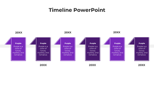 Timeline design featuring six purple vertical rectangles with triangular side folds on a white bar across the slide.