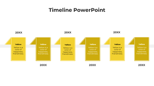 Linear timeline featuring six yellow page-like shapes with captions, evenly spaced along a horizontal line.