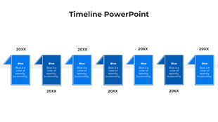 Timeline slide in blue theme, featuring seven evenly spaced event markers with a consistent text format.