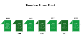 Modern timeline with six vertical green folded page graphics, aligned along a central horizontal path with placeholder years.